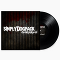 A vinyl record partially pulled from its sleeve, shown on a light gray background. The sleeve and record are black with a dark textured design and the artist name 'SimplyDogpack' in white stylized text.
