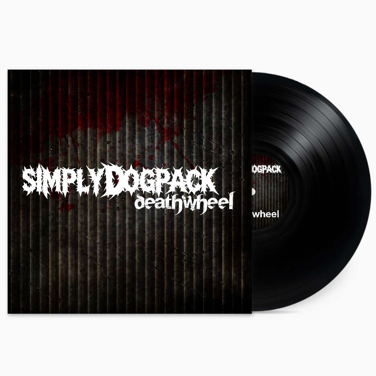 A vinyl record partially pulled from its sleeve, shown on a light gray background. The sleeve and record are black with a dark textured design and the artist name 'SimplyDogpack' in white stylized text.